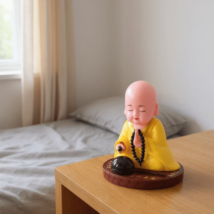 "Cute Buddha Monk Statue with Solar Function – Plastic Showpiece for Home & Car Dashboard Decoration"