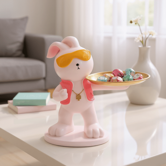 Polyresin Cool Bunny Showpiece with Accessories Tray – Modern Decorative Figurine Organizer for Keys, Jewelry & Small Items
