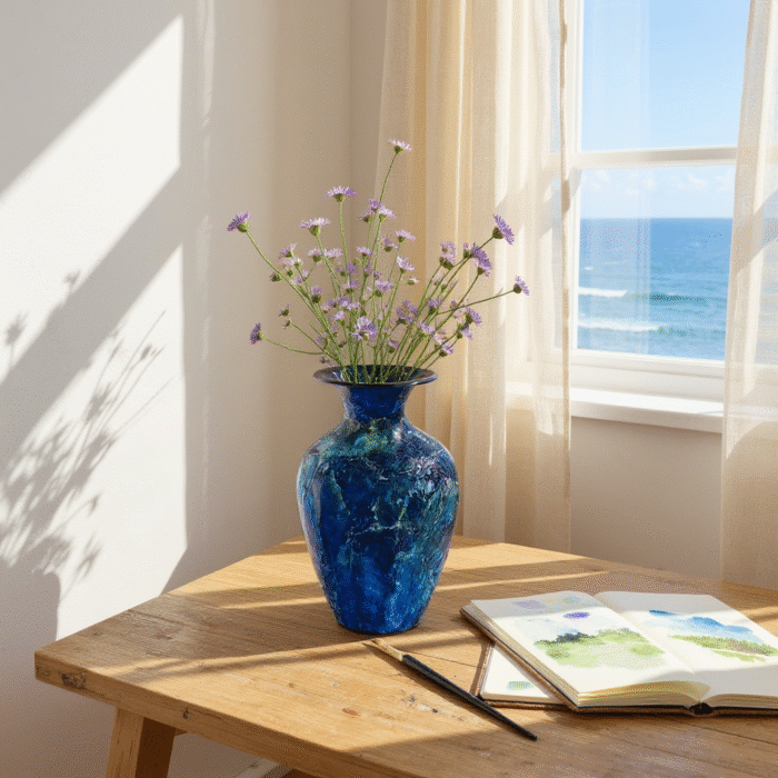 Non-Breakable Glossy Flower Vase – Decorative Blue Marble Finish, Lightweight & Durable Vase for Home, Office & Gifting” ( 14 cm )