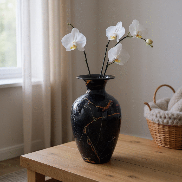 Non-Breakable Glossy Flower Vase – Decorative Blue Marble Finish, Lightweight & Durable Vase for Home, Office & Gifting” ( 14 cm )