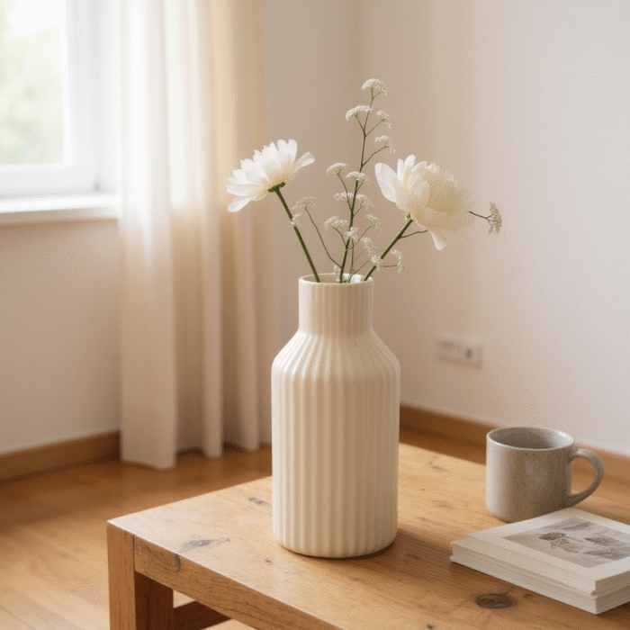 Modern Ceramic Flower Vase – Ribbed Design, white Yellow, Decorative Vase for Living Room, Office, Table Centerpiece