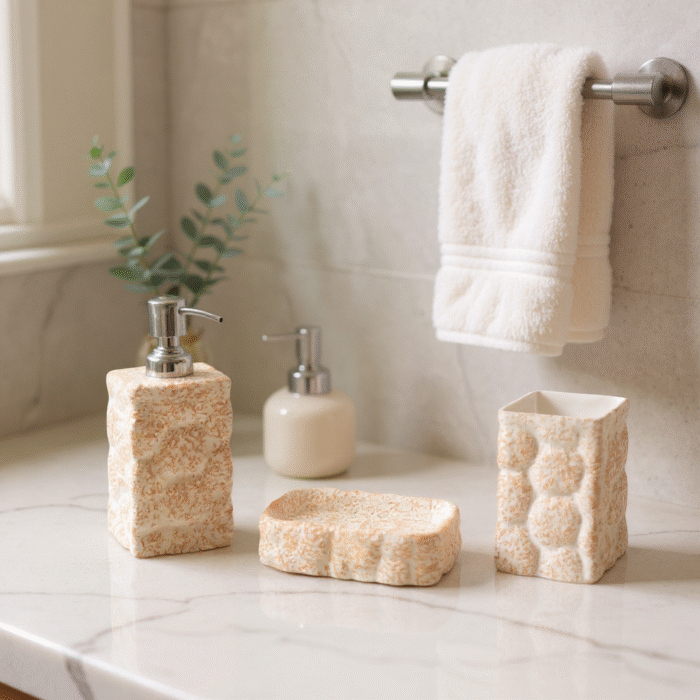 "Ceramic Bathroom Accessories Set – 3 Piece Bathroom Countertop Set with Soap Dispenser,  Toothbrush Holder, Soap Dish"