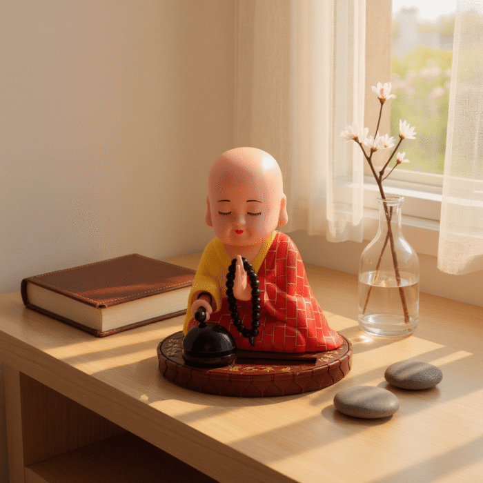 "Cute Buddha Monk Statue with Solar Function – Plastic Showpiece for Home & Car Dashboard Decoration"