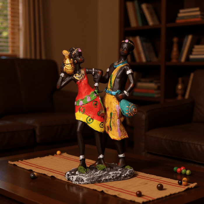 African Couple Figurine – Handcrafted Polyresin Showpiece for Home & Office Decoration | Ethnic Tribal Art. 14 CM